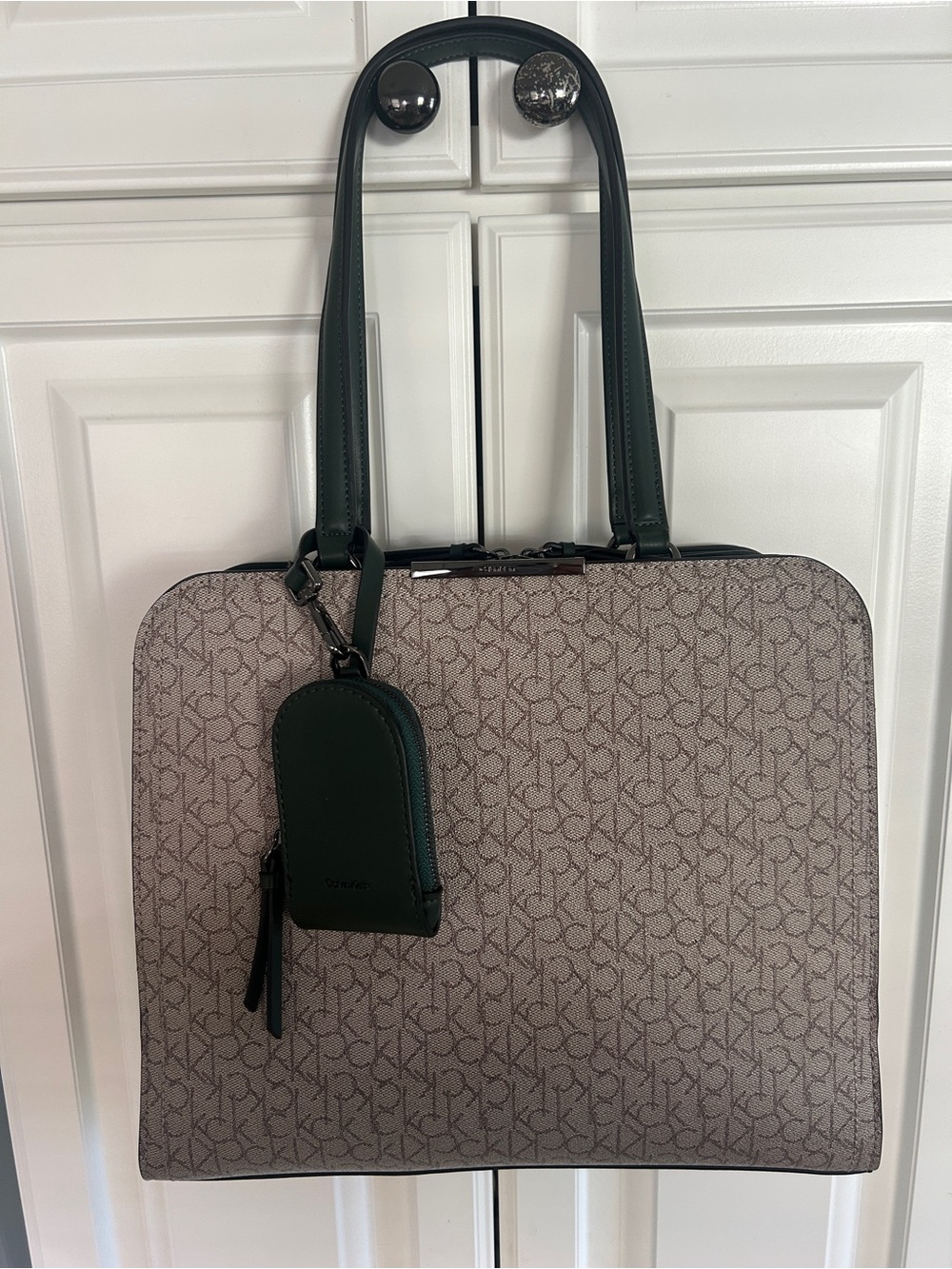 Calvin Klein Taupe Monogram Tote with Dark Green Trim